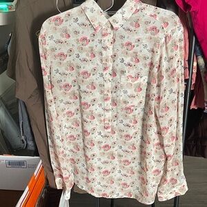 LOFT Sheer Blouse with Pink Accents button down long sleeves